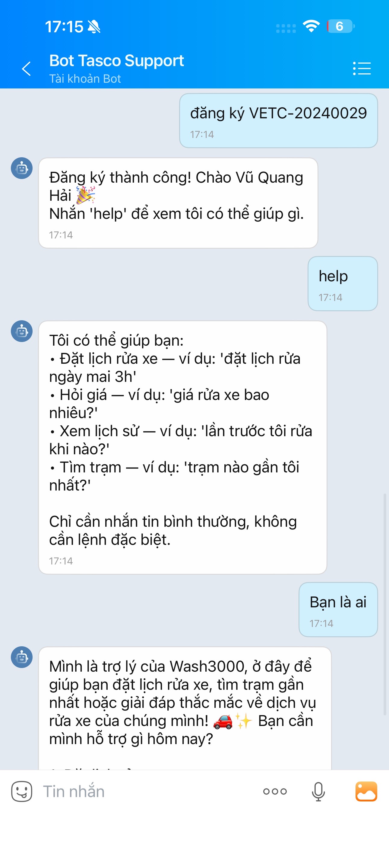 Bot setup guide showing VETC registration and available commands